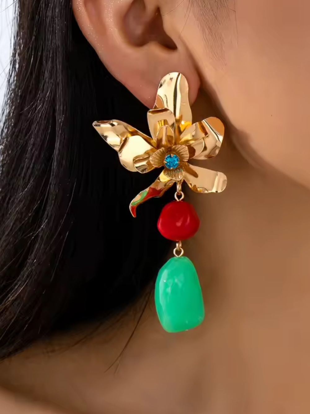 New listing Zara Gold Flower Drop Earrings with Red and Green Accents